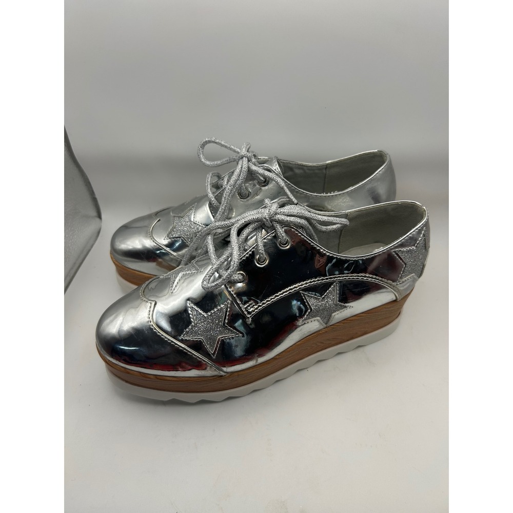 Forever Link Besty-02 Silver‎ Metallic Star Platform Wedge Oxfords Shoes 7.5
